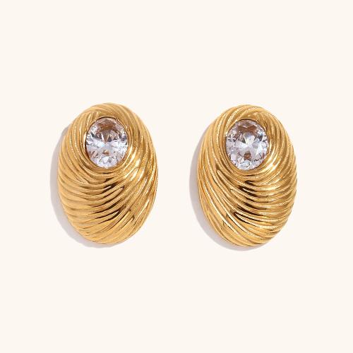 Stainless Steel Stud Earrings, 304 Stainless Steel, 18K gold plated, fashion jewelry & micro pave cubic zirconia & for woman, golden, 19.70x28.10mm, Sold By Pair