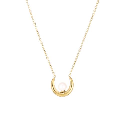 Stainless Steel Jewelry Necklace 304 Stainless Steel with Plastic Pearl with 5cm extender chain Moon Vacuum Ion Plating fashion jewelry & for woman 14.60mm Length 40 cm Sold By PC