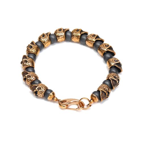 Gemstone Armbånd, 304 rustfrit stål, med Black Stone, Skull, mode smykker & for mennesket, flere farver til valg, 10mm, Længde 22 cm, Solgt af PC