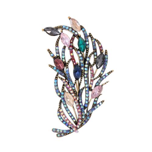 Broches en alliage de zinc, forme de plume, bijoux de mode & unisexe & avec strass, couleur or antique, 74x45mm, Vendu par PC