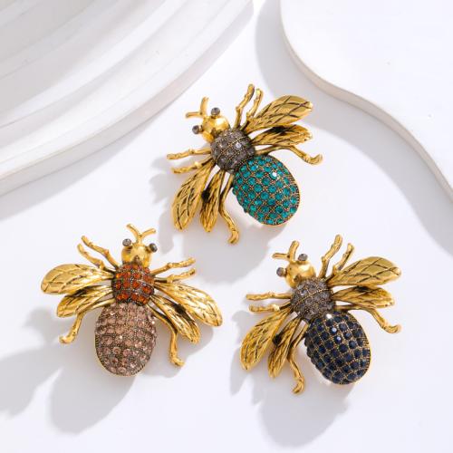 Zinc Alloy Brooches Bee antique gold color plated fashion jewelry & Unisex & with rhinestone Sold By PC