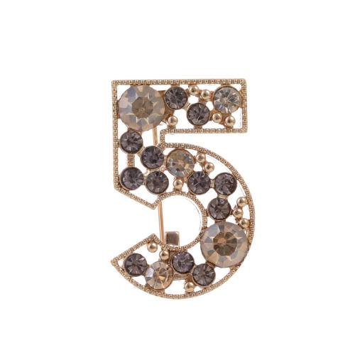 Broches en alliage de zinc, Numéro 5, bijoux de mode & unisexe & avec strass, 31x20mm, Vendu par PC