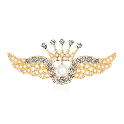 Tibetan Style Brooches, with Plastic Pearl, Angel Wing, fashion jewelry & for woman & with rhinestone, gold, 64x27mm, Sold By PC