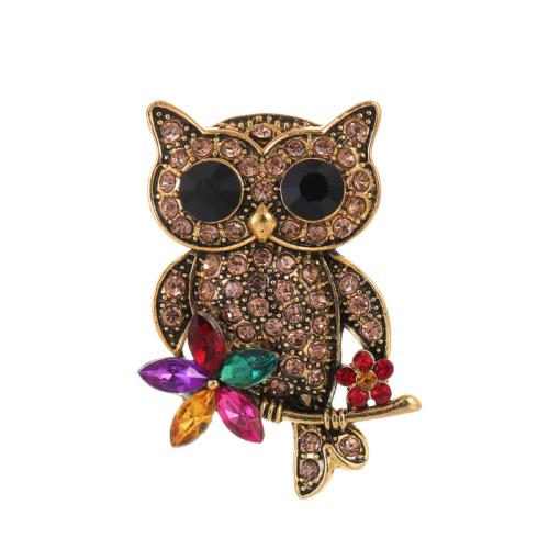 Tibetan Style Brooches, Owl, fashion jewelry & Unisex & with rhinestone, antique gold color, 45x32mm, Sold By PC