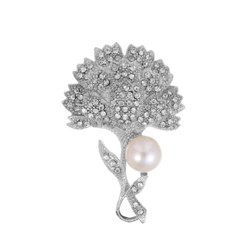 Broches en alliage de zinc, avec perle de plastique, fleur, bijoux de mode & unisexe & avec strass, couleur platine, 57x39mm, Vendu par PC