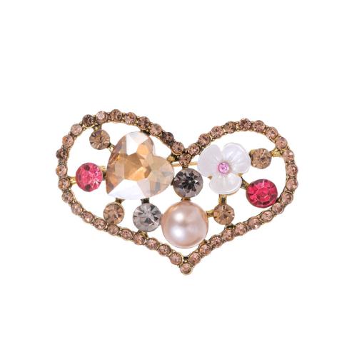 Zinc Alloy Brooches with Plastic Pearl Heart fashion jewelry & Unisex & with rhinestone antique gold color Sold By PC