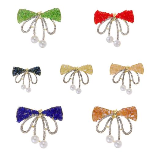 Tibetan Style Brooches, with Plastic Pearl & Acrylic, Bowknot, KC gold color plated, fashion jewelry & Unisex & with rhinestone, more colors for choice, 36x33mm, Sold By PC