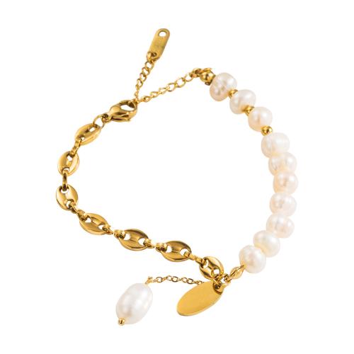 Titanium Steel Bracelet & Bangle with Plastic Pearl fashion jewelry & for woman gold Sold By PC