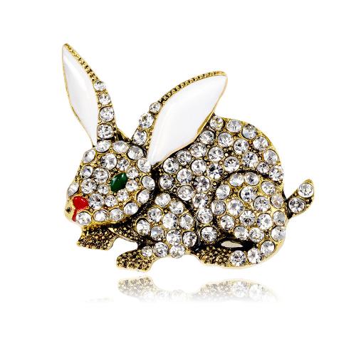 Tibetan Style Brooches, Rabbit, Unisex & enamel & with rhinestone, antique gold color, 34x40mm, Sold By PC