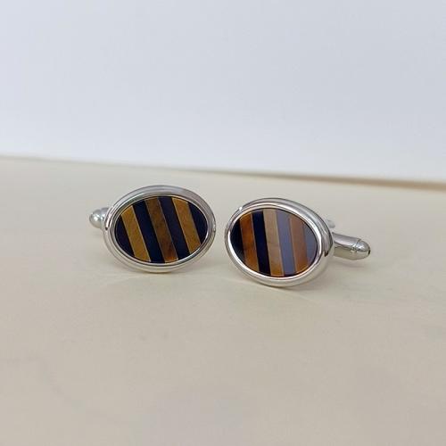 Cufflinks Brass with Tiger Eye & Black Agate polished Unisex silver color Sold By Pair