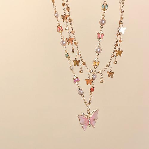 Zinc Alloy Necklace with Plastic Pearl Butterfly gold color plated Double Layer & for woman & enamel & with rhinestone Length Approx 12-16 Inch Sold By PC