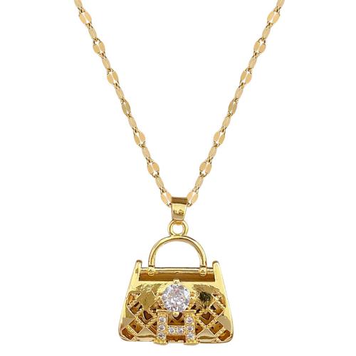 Titanium Steel Necklace with Brass with 2inch extender chain Handbag gold color plated micro pave cubic zirconia & for woman Length Approx 15.7 Inch Sold By PC