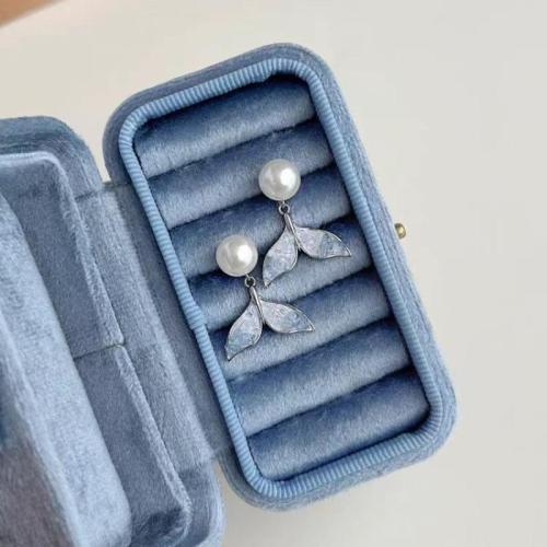 Boucle d'oreille dormeuse en alliage de zinc, avec perle de plastique, Queue de sirène, bijoux de mode & pour femme, bleu, 25mm, Vendu par paire