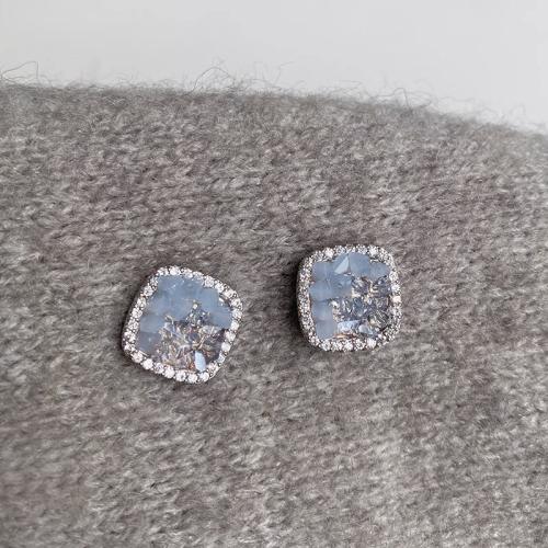Tibetan Style Stud Earring, with Crystal, Square, fashion jewelry & for woman, blue, 20mm, Sold By Pair