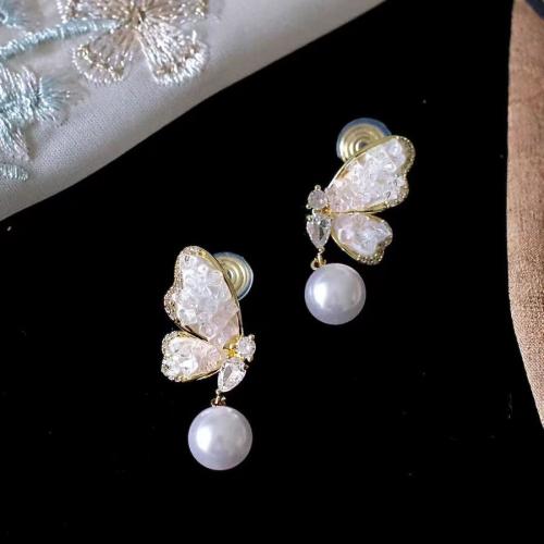 Zinc Alloy Stud Earring with Crystal & Plastic Pearl Butterfly fashion jewelry & for woman 30mm Sold By Pair