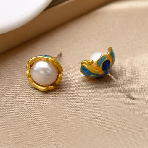 Brass Stud Earring with Plastic Pearl fashion jewelry & for woman & enamel golden Sold By Pair