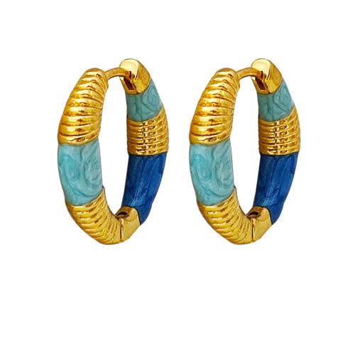 Laiton Anneau d'oreille, bijoux de mode & pour femme & émail, bleu, 22x22mm, Vendu par paire