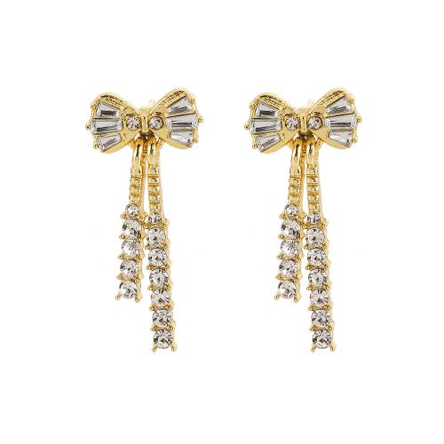 Zinc Alloy Stud Earring Bowknot fashion jewelry & for woman & with rhinestone golden Sold By Pair