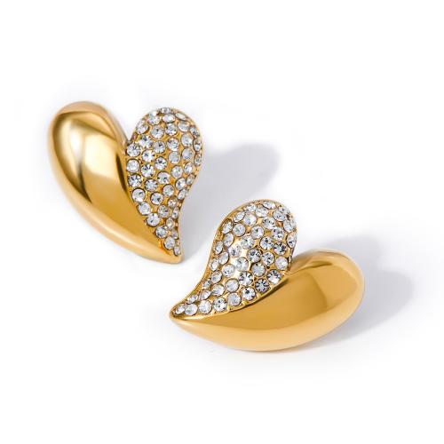 Stainless Steel Stud Earrings, 304 Stainless Steel, Heart, 18K gold plated, fashion jewelry & for woman & with rhinestone, golden, 21x18mm, Sold By Pair
