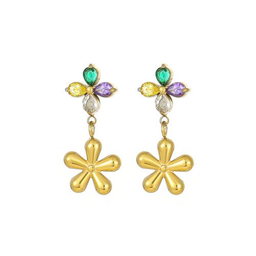 Stainless Steel Drop Earring 304 Stainless Steel Flower Vacuum Ion Plating fashion jewelry & micro pave cubic zirconia & for woman Sold By Pair