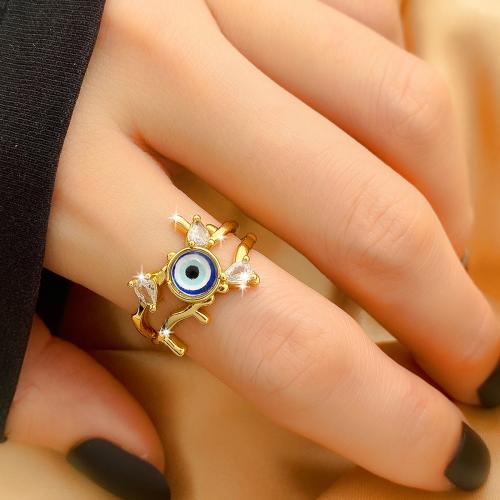 Evil Eye Smykker Finger Ring, Messing, med Cubic Zirconia, guldfarve belagt, mode smykker & Unisex & emalje, blandede farver, nikkel, bly & cadmium fri, inner diameter:18-25mm, Solgt af PC