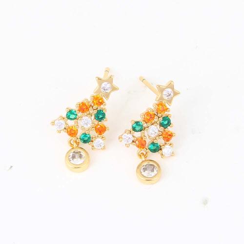 Cubic Zirconia Micro Pave Brass Earring Christmas Tree gold color plated micro pave cubic zirconia & for woman multi-colored nickel lead & cadmium free Sold By Pair