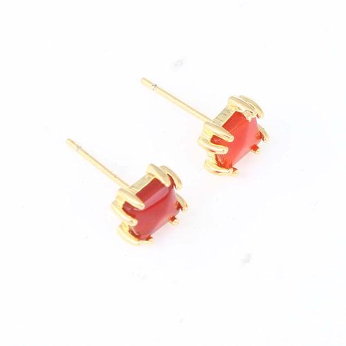 Brass Stud Earring with Resin Square gold color plated for woman red nickel lead & cadmium free Sold By Pair
