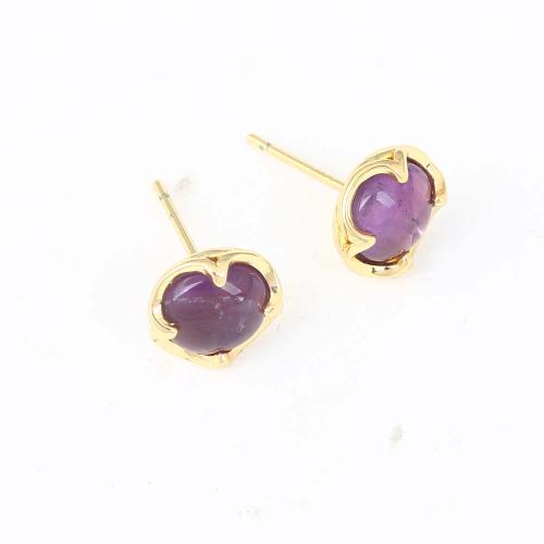 Brass Stud Earring, with Resin, Heart, gold color plated, for woman, purple, nickel, lead & cadmium free, 9.70x9.50x3.60mm, Sold By Pair
