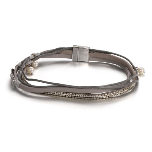 PU Leather Cord Bracelets, Tibetan Style, with PU Leather & Crystal & Resin, fashion jewelry & multilayer & Unisex, grey, Length:38.5 cm, Sold By PC