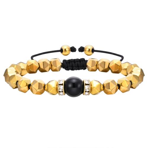 Hematite Bracelet, with Wax Cord & Agate, plated, Unisex & micro pave cubic zirconia, golden, Sold By PC