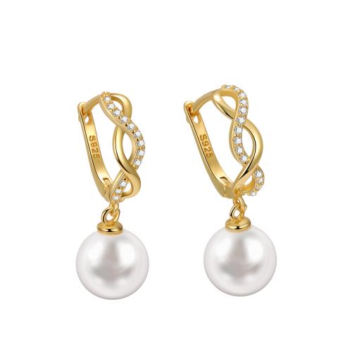 Cubic Zirconia Micro Pave Sterling Silver Earring, 925 Sterling Silver, with Shell Pearl, micro pave cubic zirconia & for woman, golden, 24x8mm, Sold By Pair