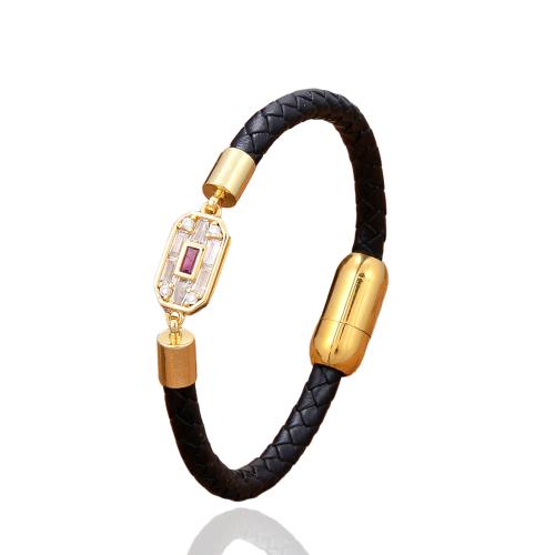 Leather Cord Bracelet 304 Stainless Steel with leather cord & Brass handmade Unisex & micro pave cubic zirconia Length Approx 21 cm Sold By PC