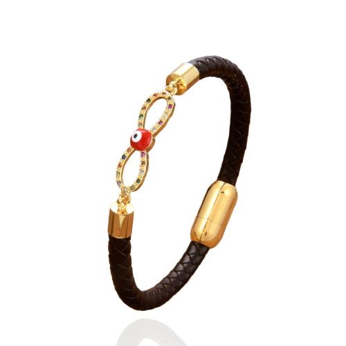 Leather Cord Bracelet, 304 Stainless Steel, with leather cord & Brass, plated, Unisex & micro pave cubic zirconia & enamel, more colors for choice, Length:Approx 21 cm, Sold By PC