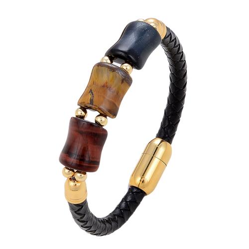 Leather Cord Bracelet 304 Stainless Steel with leather cord & Tiger Eye plated Unisex Length Approx 21 cm Sold By PC