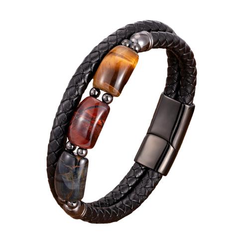 Leather Cord Bracelet, 304 Stainless Steel, with leather cord & Gemstone, plated, Unisex, more colors for choice, Length:Approx 21 cm, Sold By PC