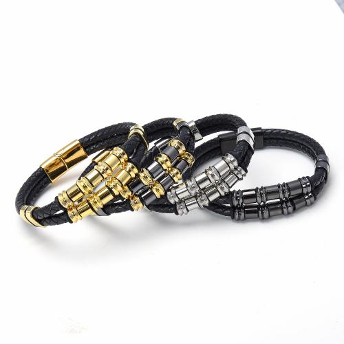 Leather Cord Bracelet, 304 Stainless Steel, with leather cord, plated, Unisex, more colors for choice, Length:Approx 21 cm, Sold By PC