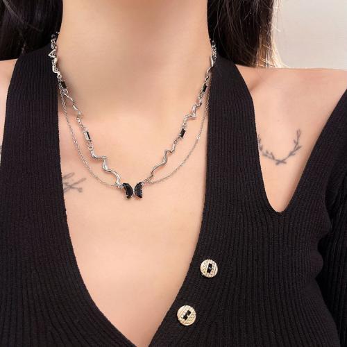 Eisen Halsketten, mit Verlängerungskettchen von 6cm, plattiert, für Frau & mit Strass, Platin Farbe, Länge:45 cm, verkauft von PC