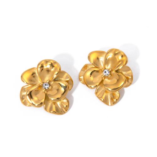 Stainless Steel Stud Earrings, 304 Stainless Steel, Flower, 18K gold plated, fashion jewelry & for woman & with rhinestone, golden, 23mm, Sold By Pair