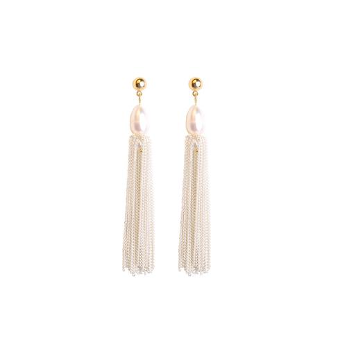 Fashion Fringe Earrings, Brass, with Freshwater Pearl, 18K gold plated, fashion jewelry & for woman, 68mm, Sold By Pair