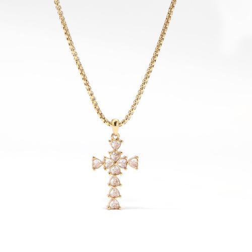 Stainless Steel Jewelry Necklace 304 Stainless Steel Cross Vacuum Ion Plating fashion jewelry & micro pave cubic zirconia & for woman Length 60 cm Sold By PC