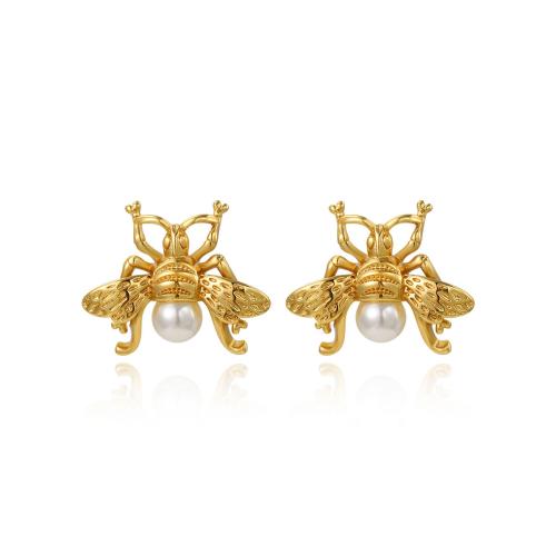 Stainless Steel Stud Earrings 304 Stainless Steel with Plastic Pearl Bee plated for woman golden Sold By Pair