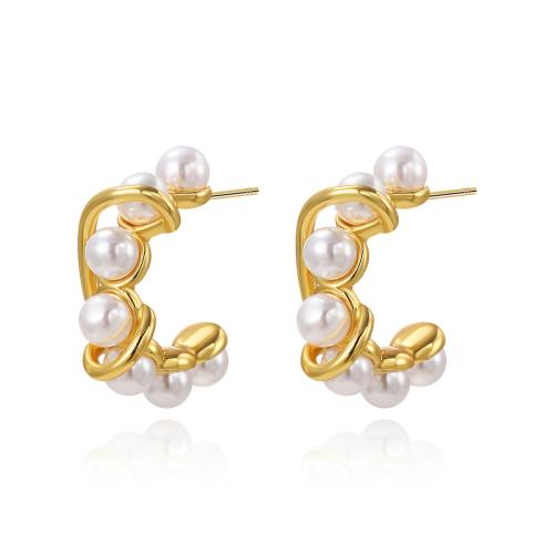 Stainless Steel Stud Earrings, 304 Stainless Steel, with Plastic Pearl, plated, for woman, golden, Sold By Pair