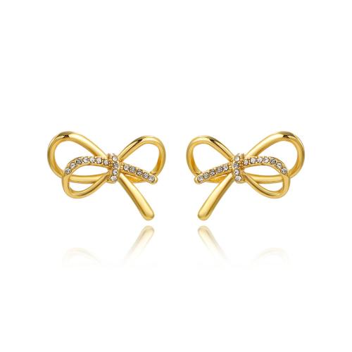 Stainless Steel Stud Earrings 304 Stainless Steel Bowknot plated micro pave cubic zirconia & for woman golden Sold By Pair