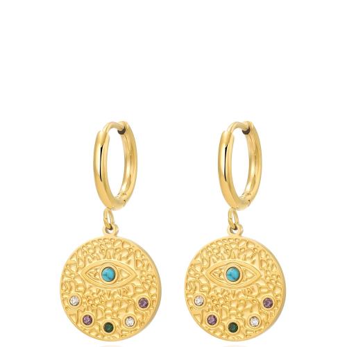 Titanium Steel  Earring, with turquoise, plated, micro pave cubic zirconia & for woman, golden, Sold By Pair