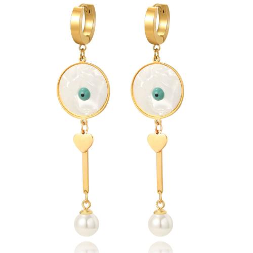 Titanium Steel  Earring with White Shell & Plastic Pearl plated for woman & enamel golden Sold By Pair