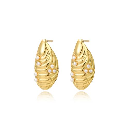 Titan Stahl Ohrring, Titanstahl, mit Kunststoff Perlen, plattiert, für Frau, goldfarben, verkauft von Paar
