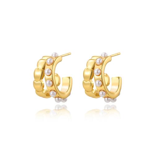 Titan Stahl Ohrring, Titanstahl, mit Kunststoff Perlen, plattiert, für Frau, goldfarben, verkauft von Paar