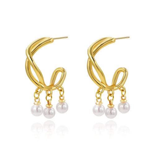 Edelstahl Ohrringe, 304 Edelstahl, mit Kunststoff Perlen, plattiert, für Frau, goldfarben, verkauft von Paar