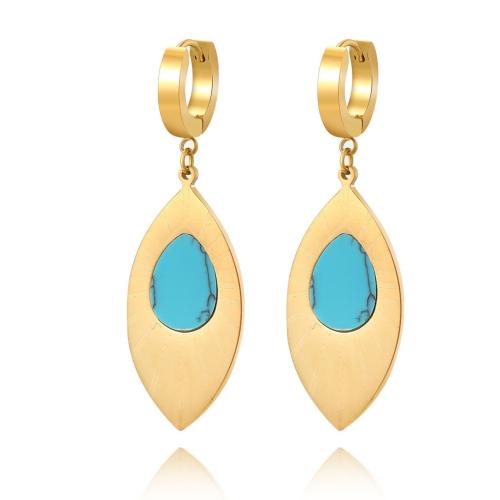 Titanium Steel  Earring, with turquoise, plated, for woman, golden, Sold By Pair