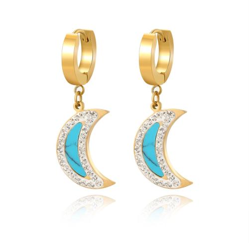 Titanium Steel  Earring with turquoise plated micro pave cubic zirconia & for woman golden Sold By Pair